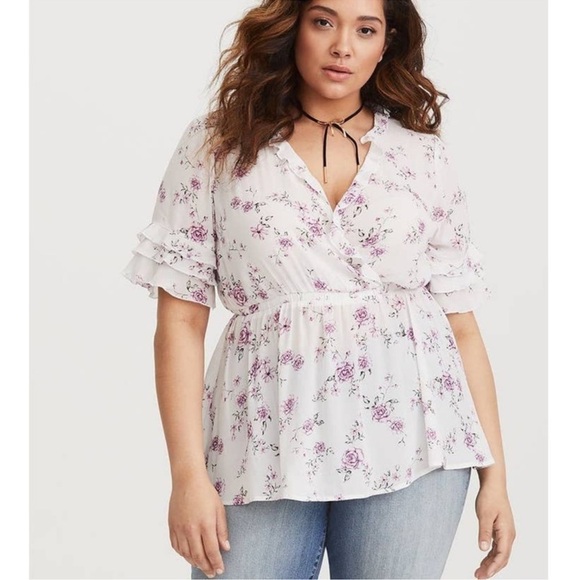 Torrid Ruffle Crossover Short Sleeve Faux Wrap Floral Blouse Size 1x - Picture 1 of 10